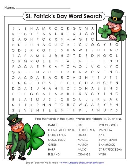Puzzles & Games - St. Patrick's Day Word Search (Intermediate) (Printable PDF Worksheet)