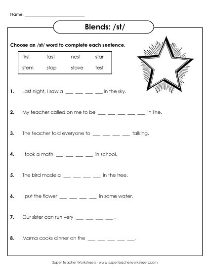 Worksheets - ST Sentences (Printable PDF Worksheet)