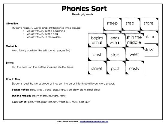 Games & Learning Centers - ST Sorting Cards (Printable PDF Worksheet)