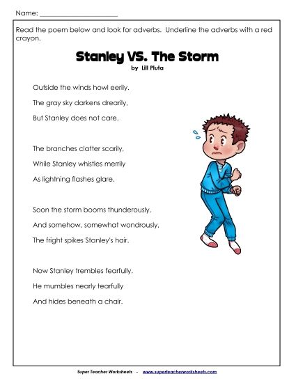 Adverb Worksheets - Stanley vs. The Storm (Poem) (Printable PDF Worksheet)