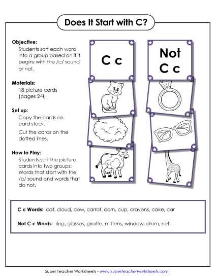 Card Games & Sorts - Starts With C - Sort (Printable PDF Worksheet)