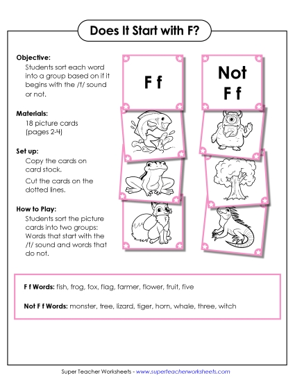 Card Games & Sorts - Starts With F - Sort (Printable PDF Worksheet)