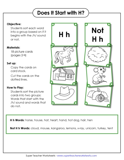 Card Games & Sorts - Starts With H - Sort (Printable PDF Worksheet)