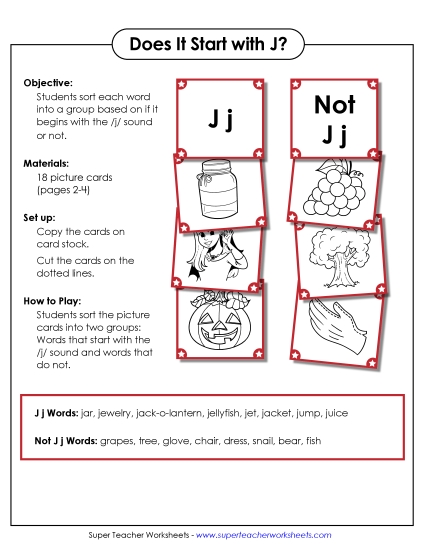 Card Games & Sorts - Starts With J - Sort (Printable PDF Worksheet)
