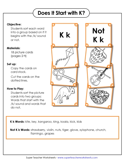 Card Games & Sorts - Starts With K - Sort (Printable PDF Worksheet)