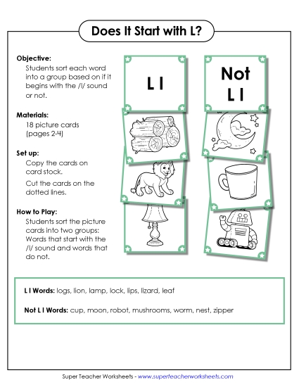 Card Games & Sorts - Starts With L - Sort (Printable PDF Worksheet)