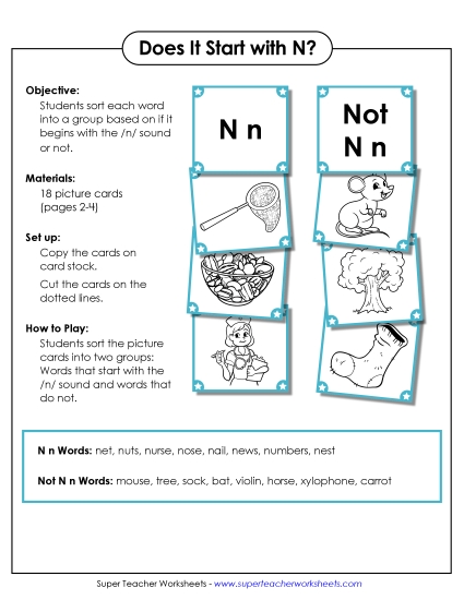 Card Games & Sorts - Starts With N - Sort (Printable PDF Worksheet)