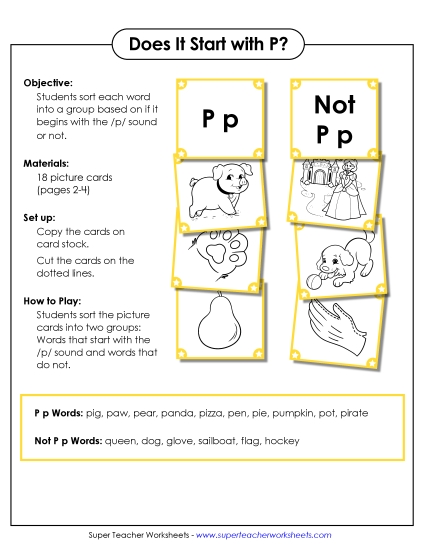 Card Games & Sorts - Starts With P - Sort (Printable PDF Worksheet)