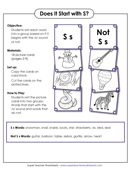 Card Games & Sorts - Starts With S - Sort (Printable PDF Worksheet)
