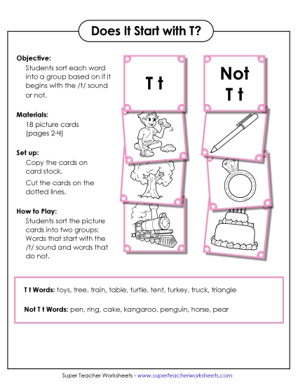 Card Games & Sorts - Starts With T - Sort (Printable PDF Worksheet)