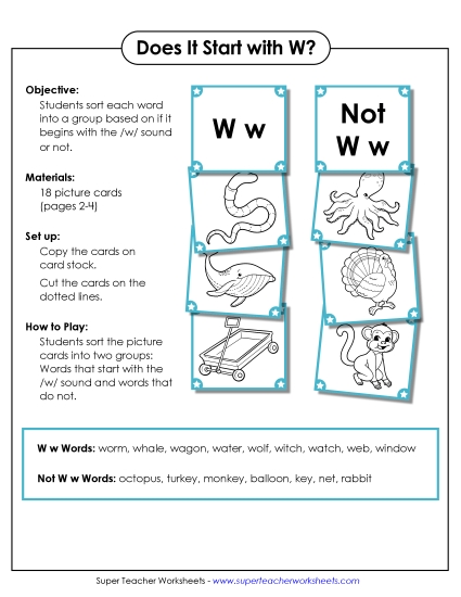 Card Games & Sorts - Starts With W - Sort (Printable PDF Worksheet)