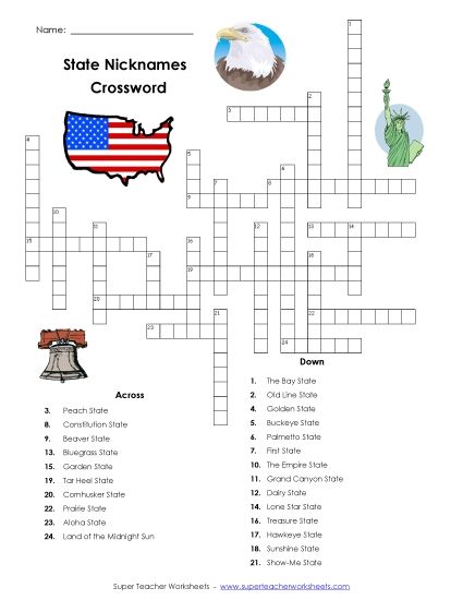 States & Capitals - State Nicknames - Crossword  (Printable PDF Worksheet)