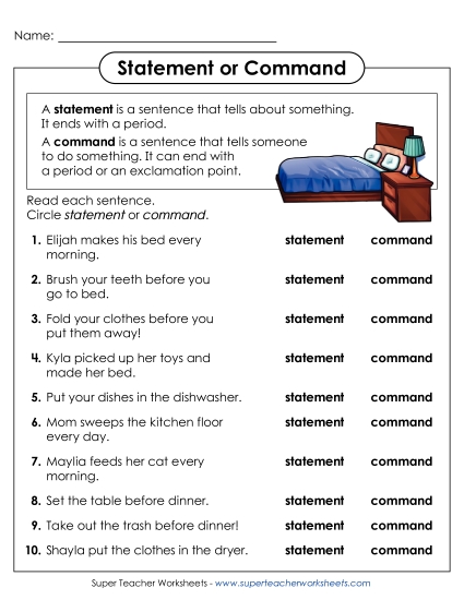 Identifying Sentence Types - Statement or Command?  (Printable PDF Worksheet)