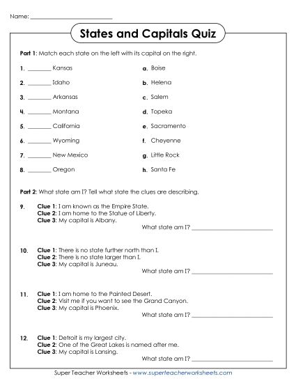 States & Capitals - States & Capitals Quiz (Printable PDF Worksheet)