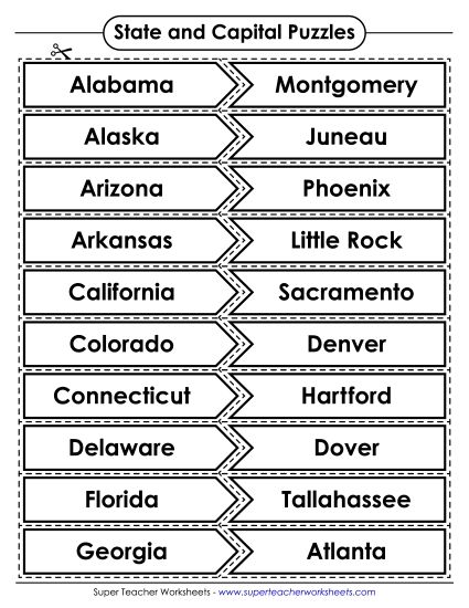 Social Studies Puzzle Match - States & Capitals (United States) (Printable PDF Worksheet)
