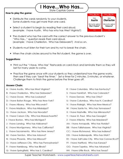 States & Capitals Games - States Game:&nbsp; I have... Who has... (Printable PDF Worksheet)