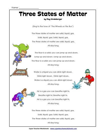 3rd Grade Poems - States of Matter Song (Printable PDF Worksheet)