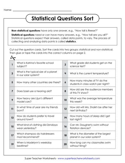Statistical Questions - Statistical Questions Sort (Printable PDF Worksheet)
