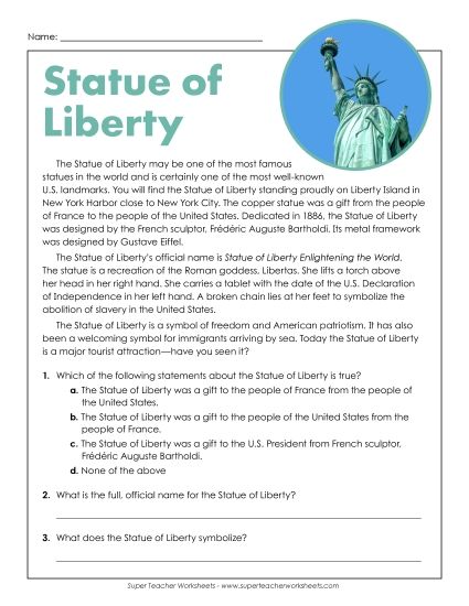 Reading Comprehension - Statue of Liberty Article (Printable PDF Worksheet)