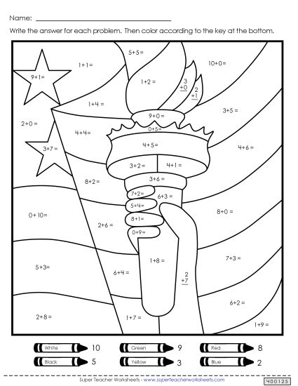 Basic Addition - Statue of Liberty Mystery Picture Activity (Addition) (Printable PDF Worksheet)
