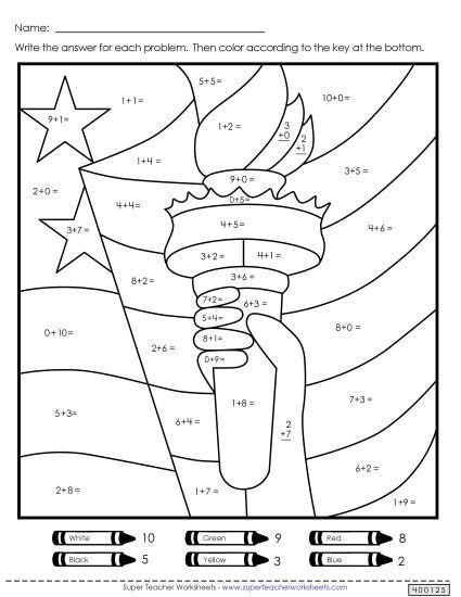 Math Activities - Statue of Liberty Mystery Picture: Addition (Printable PDF Worksheet)
