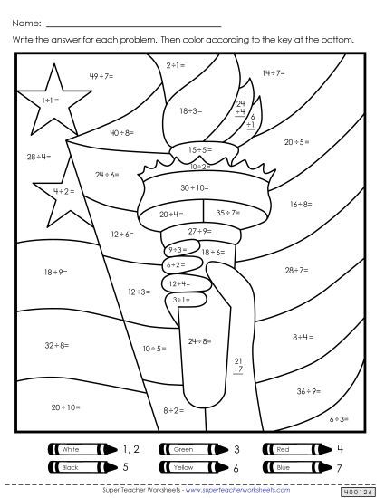 Math Activities - Statue of Liberty Mystery Picture: Division (Printable PDF Worksheet)