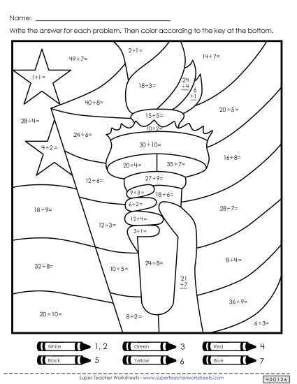 Math - Statue of Liberty Mystery Picture (Division) (Printable PDF Worksheet)