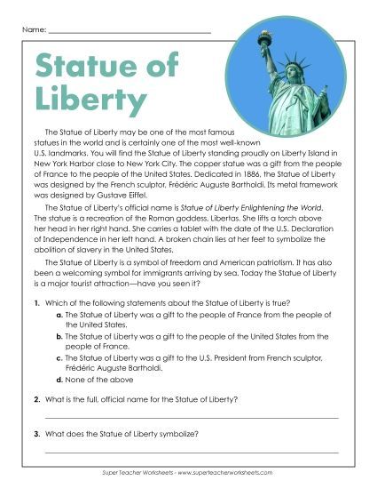 Reading Comprehension - Statue of Liberty (Short Article) (Printable PDF Worksheet)
