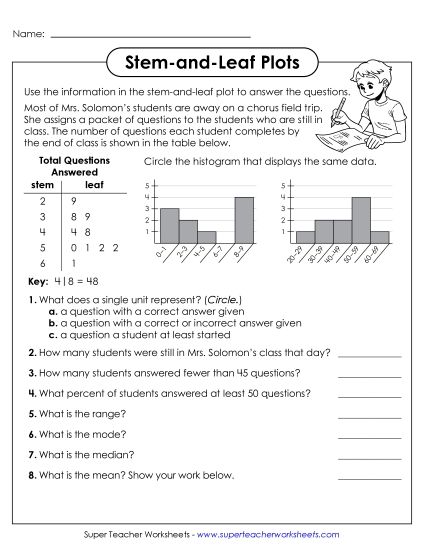 Stem-and-Leaf Plots - Stem-and-Leaf Plot (Stats & Histogram) (Printable PDF Worksheet)