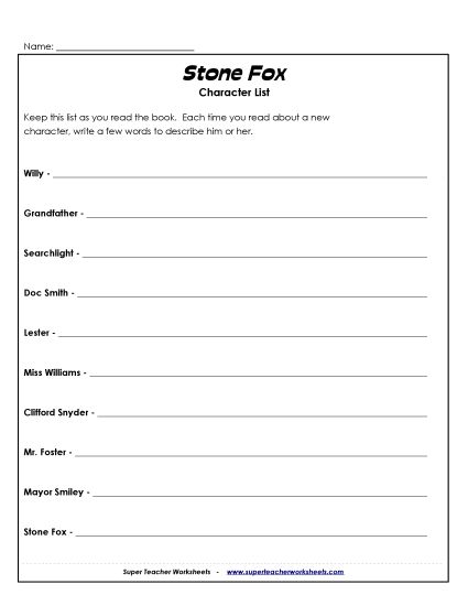 Whole Book - Stone Fox Character List (Printable PDF Worksheet)