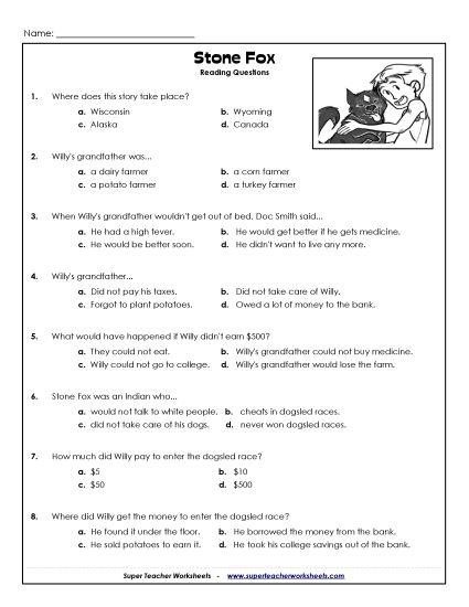 Whole Book - Stone Fox Comprehension Questions (Printable PDF Worksheet)
