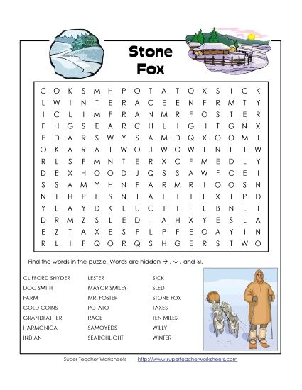 Whole Book - Stone Fox Word Search (Printable PDF Worksheet)