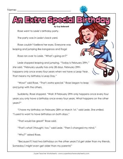 Reading Comprehension - Story: Extra Special Birthday (Printable PDF Worksheet)