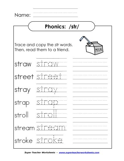 Worksheets - STR Say, Trace and Write (Printable PDF Worksheet)