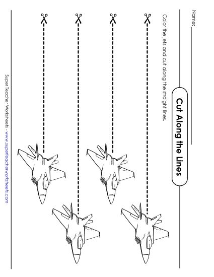 Cut Along the Lines - Straight Lines (Jets) (Printable PDF Worksheet)