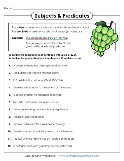 Subjects & Predicates - Subject and Predicate Worksheet D (Printable PDF Worksheet)