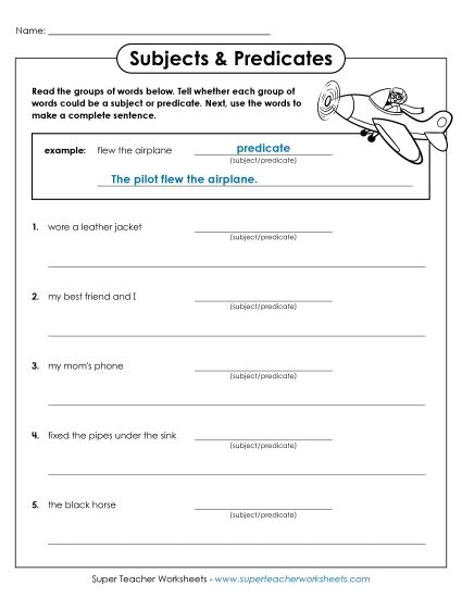 Subjects & Predicates - Subject and Predicate Worksheet E (Printable PDF Worksheet)