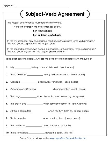 Verb Tenses - Subject-Verb Agreement (Printable PDF Worksheet)