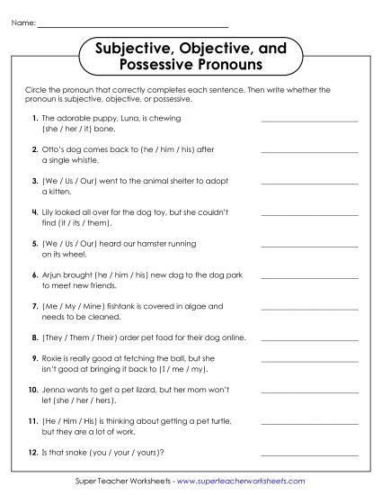 Subject & Object Pronouns - Subjective, Objective, and Possessive Pronouns (Printable PDF Worksheet)