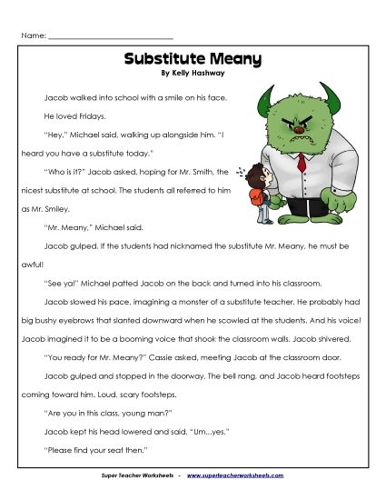 Fiction Stories - Substitute Meany (Printable PDF Worksheet)