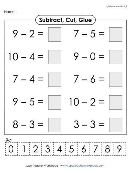 Cut-and-Glue Worksheets - Subtract, Cut, Glue (Differences within 10) (Printable PDF Worksheet)