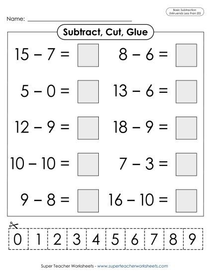 Cut-and-Glue Worksheets - Subtract, Cut, Glue (Printable PDF Worksheet)