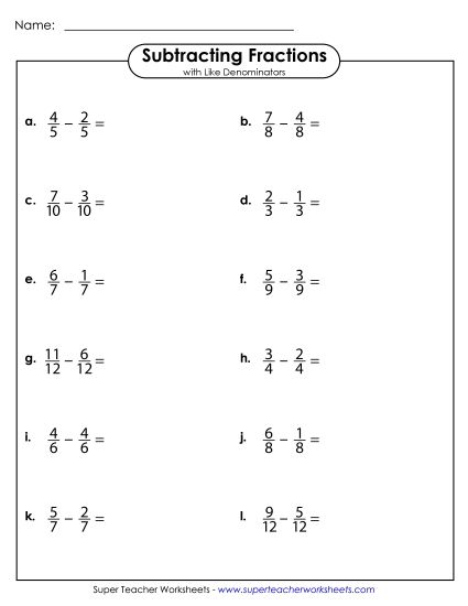 Subtracting Fractions: Same Denominator - Subtract Fractions with Like Denominators (Horizontal) (Printable PDF Worksheet)