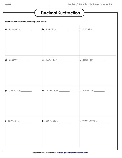 Hundredths - Subtract: Hundredths (Printable PDF Worksheet)