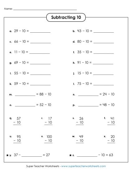 Subtracting 10 - Subtracting 10 (Horizontal & Vertical) (Printable PDF Worksheet)