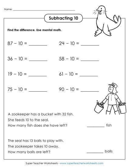 Subtracting 10 - Subtracting 10 (Horizontal w/ Word Problems) (Printable PDF Worksheet)
