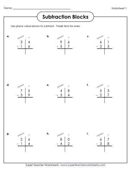 2-Digit Subtraction Worksheets - Subtracting 2-Digit Numbers using Place Value Blocks (Printable PDF Worksheet)