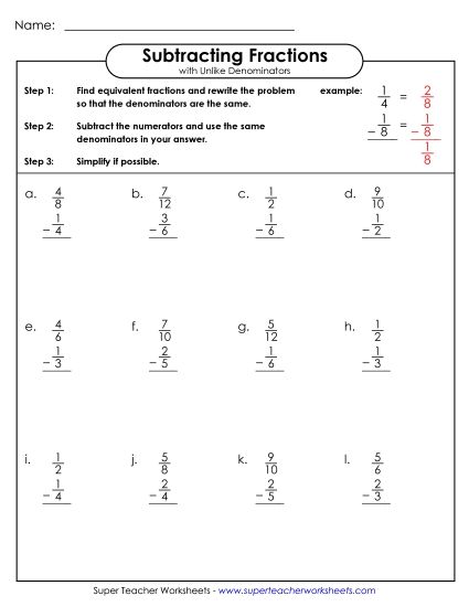 Subtracting Fractions: Different Denominators - Subtracting Fraction w/ Unlike Denominators 2 (Vertical) (Printable PDF Worksheet)