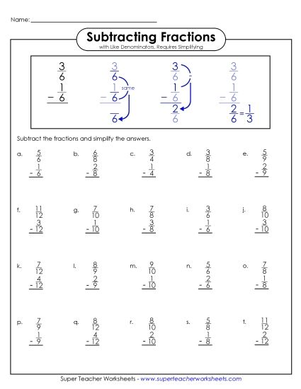 Subtracting Fractions: Same Denominator - Subtracting Fractions 2 (Printable PDF Worksheet)