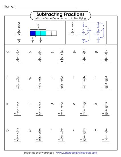 Subtracting Fractions: Same Denominator - Subtracting Fractions (Printable PDF Worksheet)